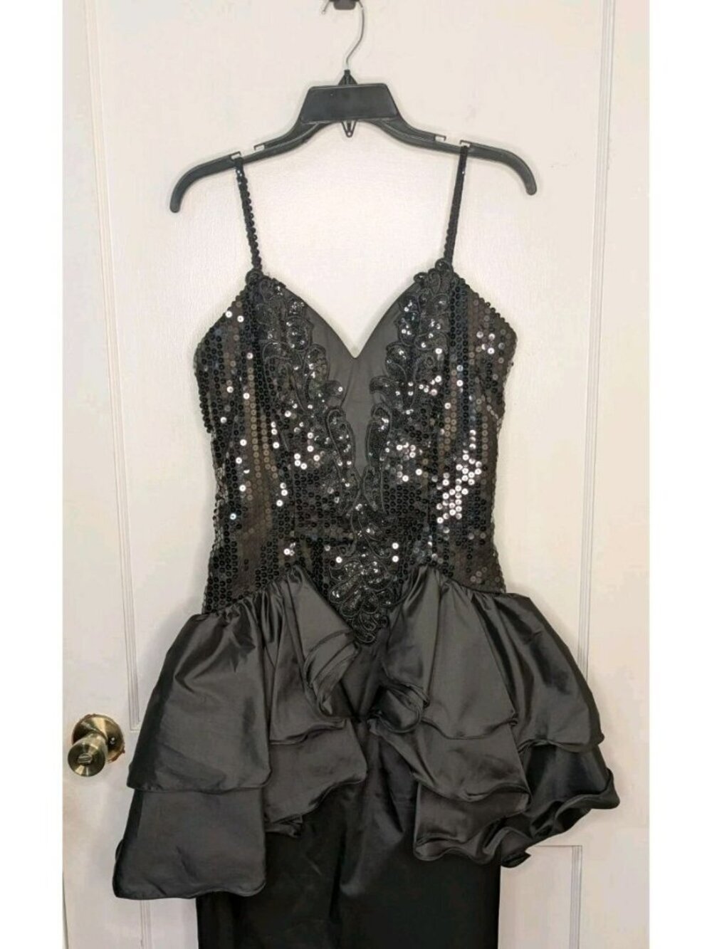 VTG 80s Alyce Designs Black Sequin Ruffle Peplum Prom Party Dress Size 14